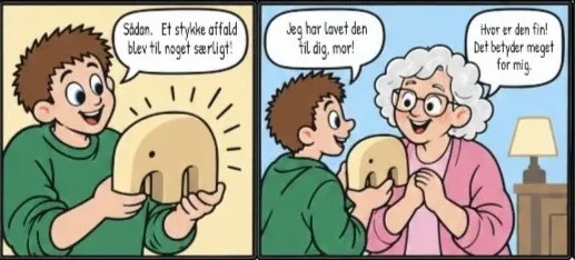 Tegneserie-stribe om at lave elefant af affaldstræ